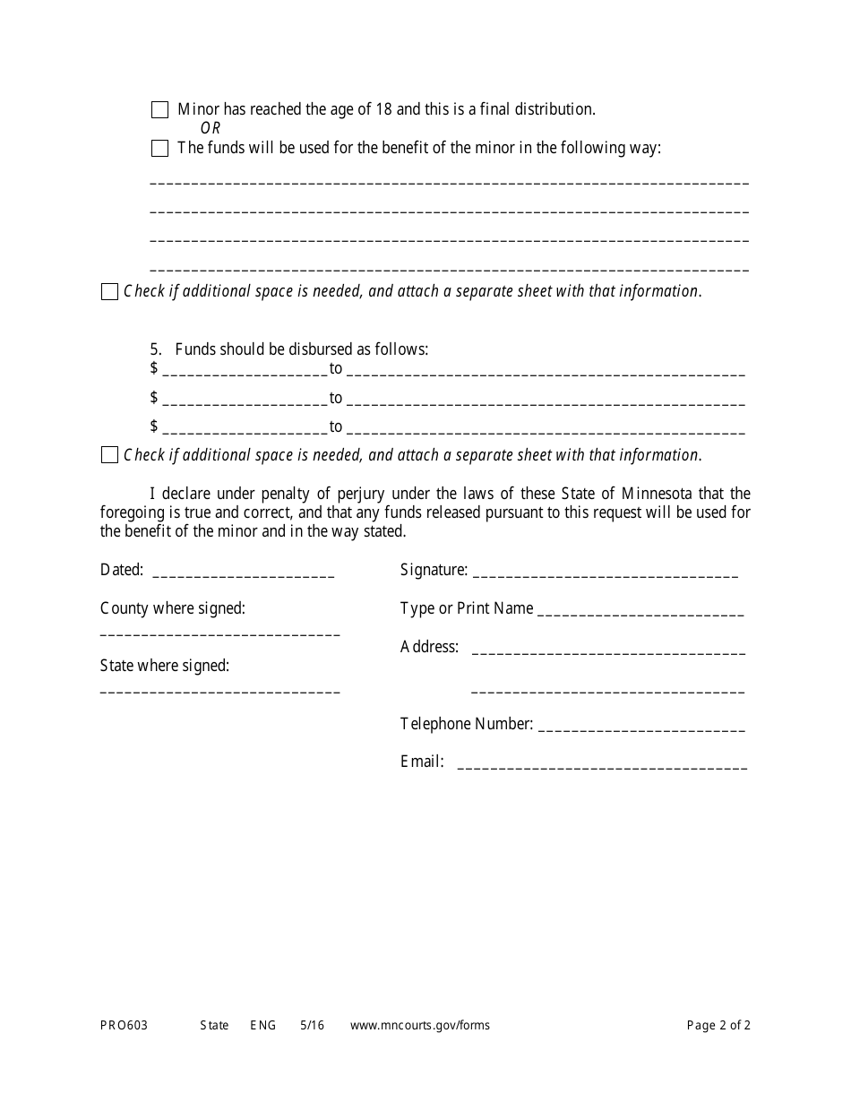 Form PRO603 Petition for Release of Funds - Minnesota, Page 2
