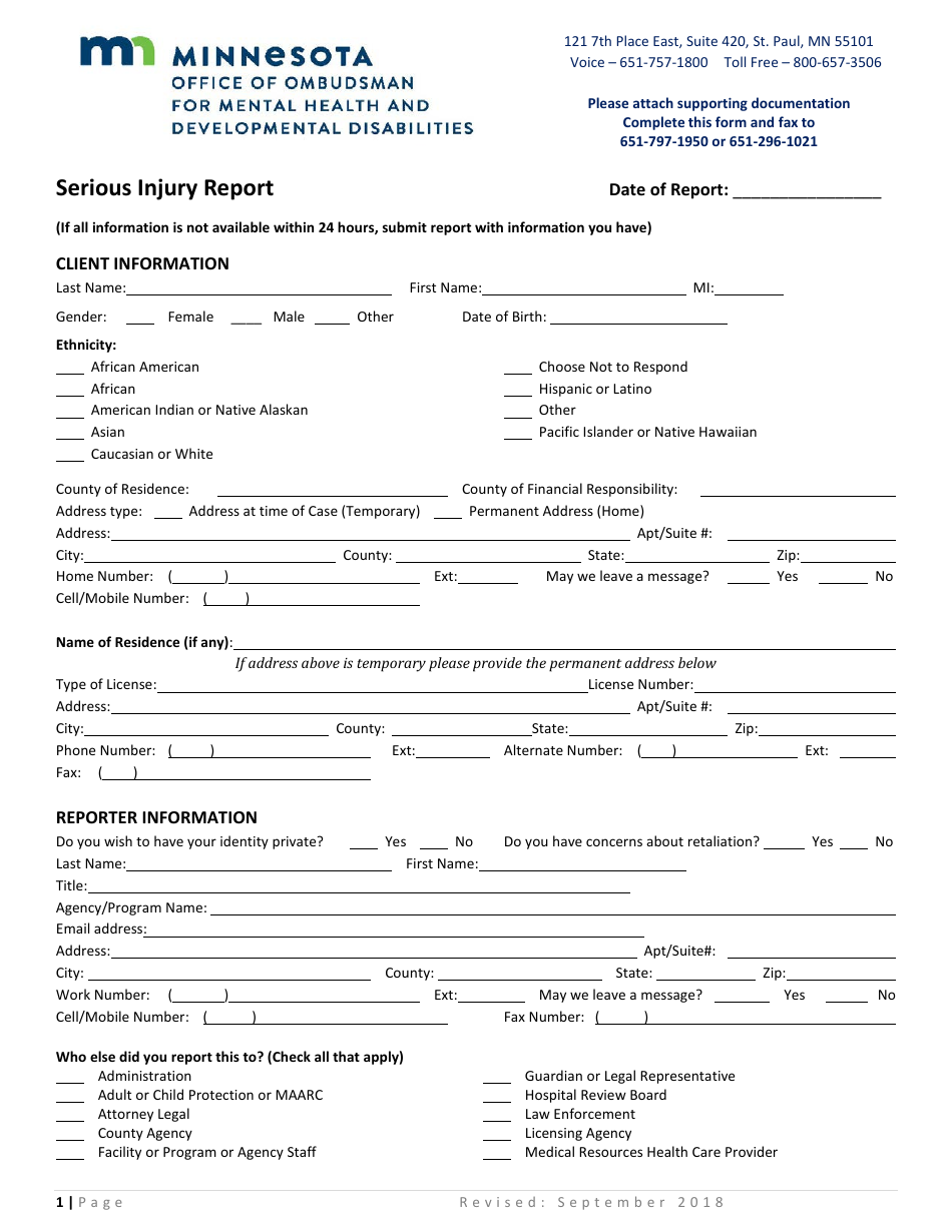 Serious Injury Report Form - Minnesota, Page 1