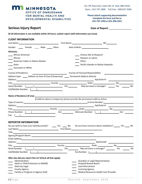 Serious Injury Report Form - Minnesota Download Pdf