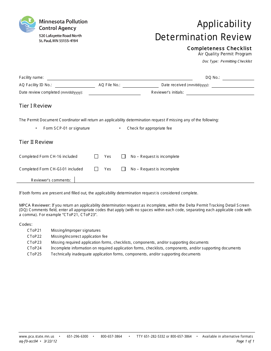 Applicability Determination Review Completeness Checklist - Air Quality Permit Program - Minnesota, Page 1