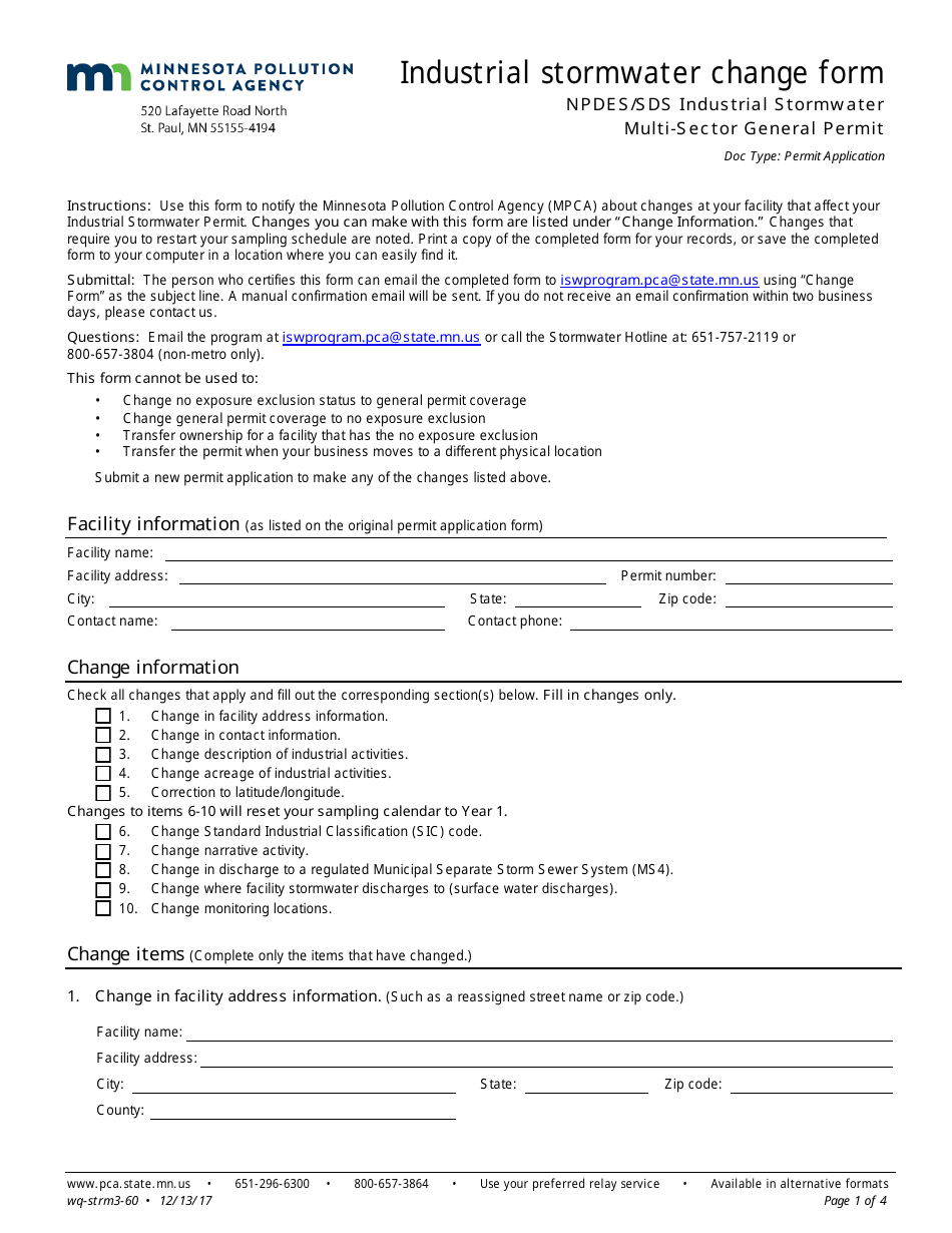 Industrial Stormwater Change Form - Npdes/Sds Industrial Stormwater Multi-Sector General Permit - Minnesota, Page 1