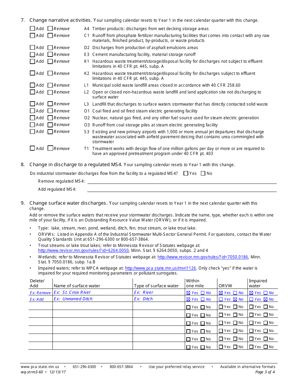 Industrial Stormwater Change Form - Npdes / Sds Industrial Stormwater Multi-Sector General Permit - Minnesota, Page 3