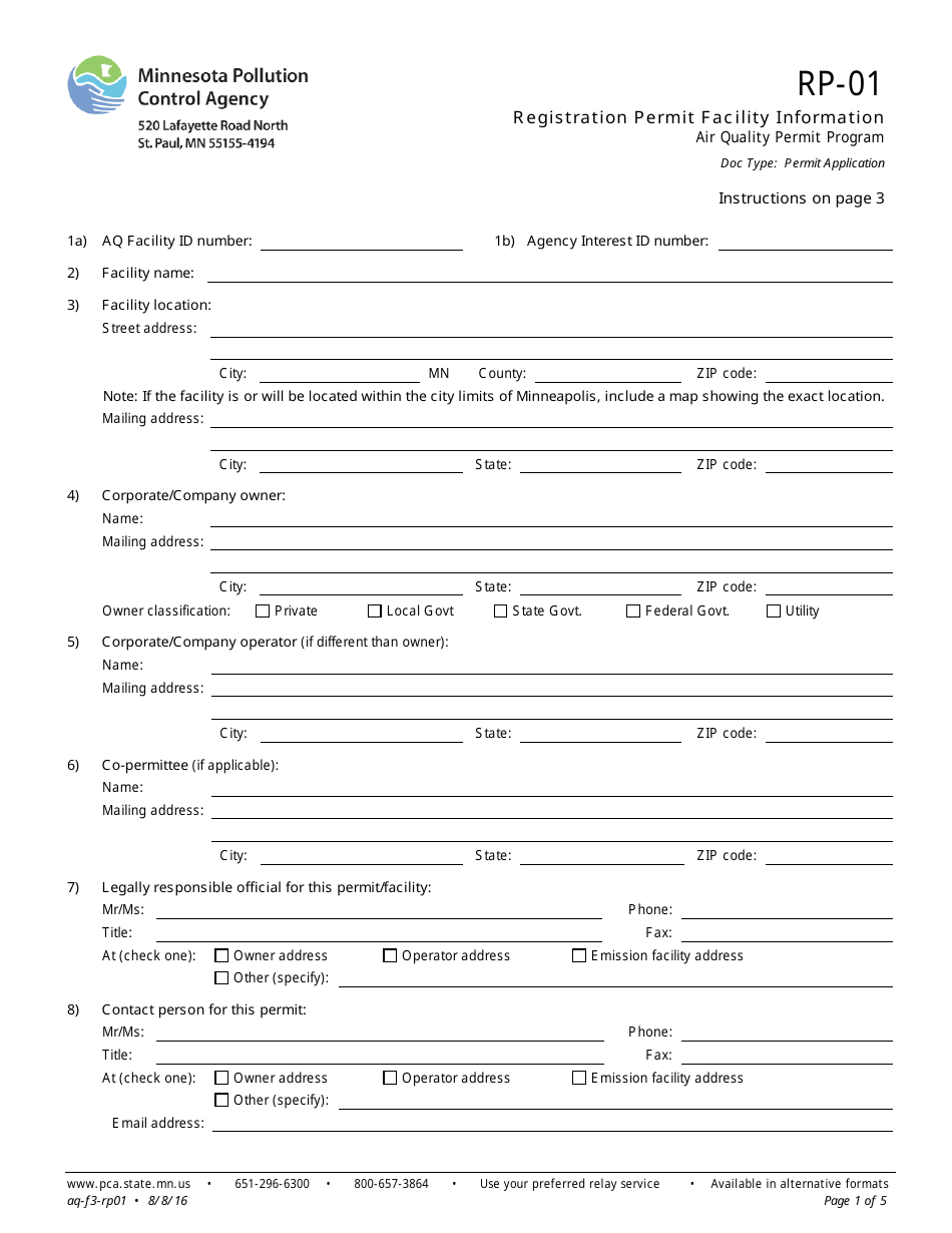 Form RP-01 Registration Permit Facility Information - Air Quality Permit Program - Minnesota, Page 1