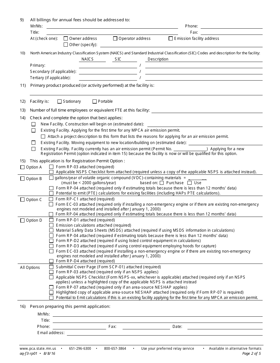 Form RP-01 Registration Permit Facility Information - Air Quality Permit Program - Minnesota, Page 2