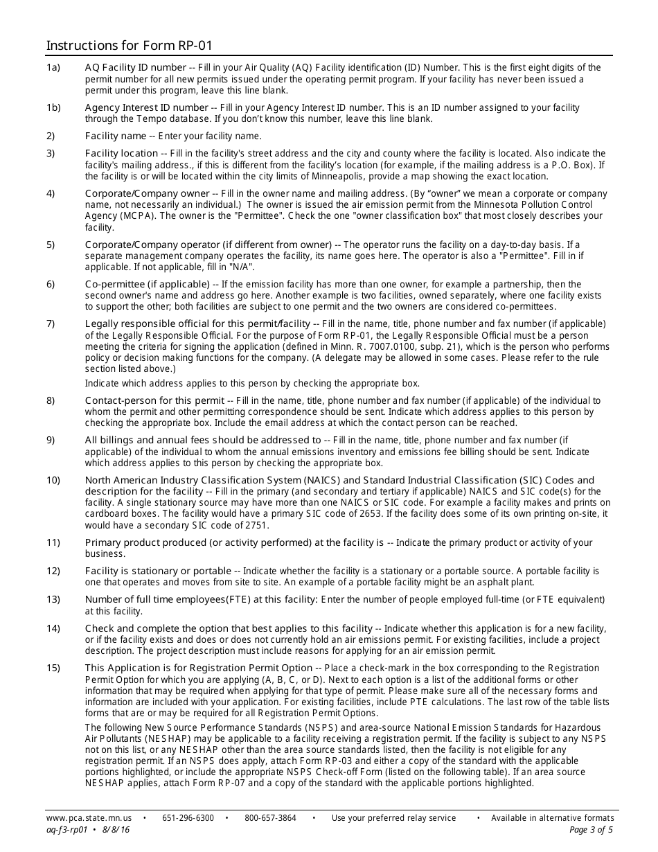 Form RP-01 Registration Permit Facility Information - Air Quality Permit Program - Minnesota, Page 3