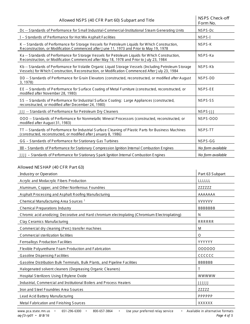 Form RP-01 Registration Permit Facility Information - Air Quality Permit Program - Minnesota, Page 4
