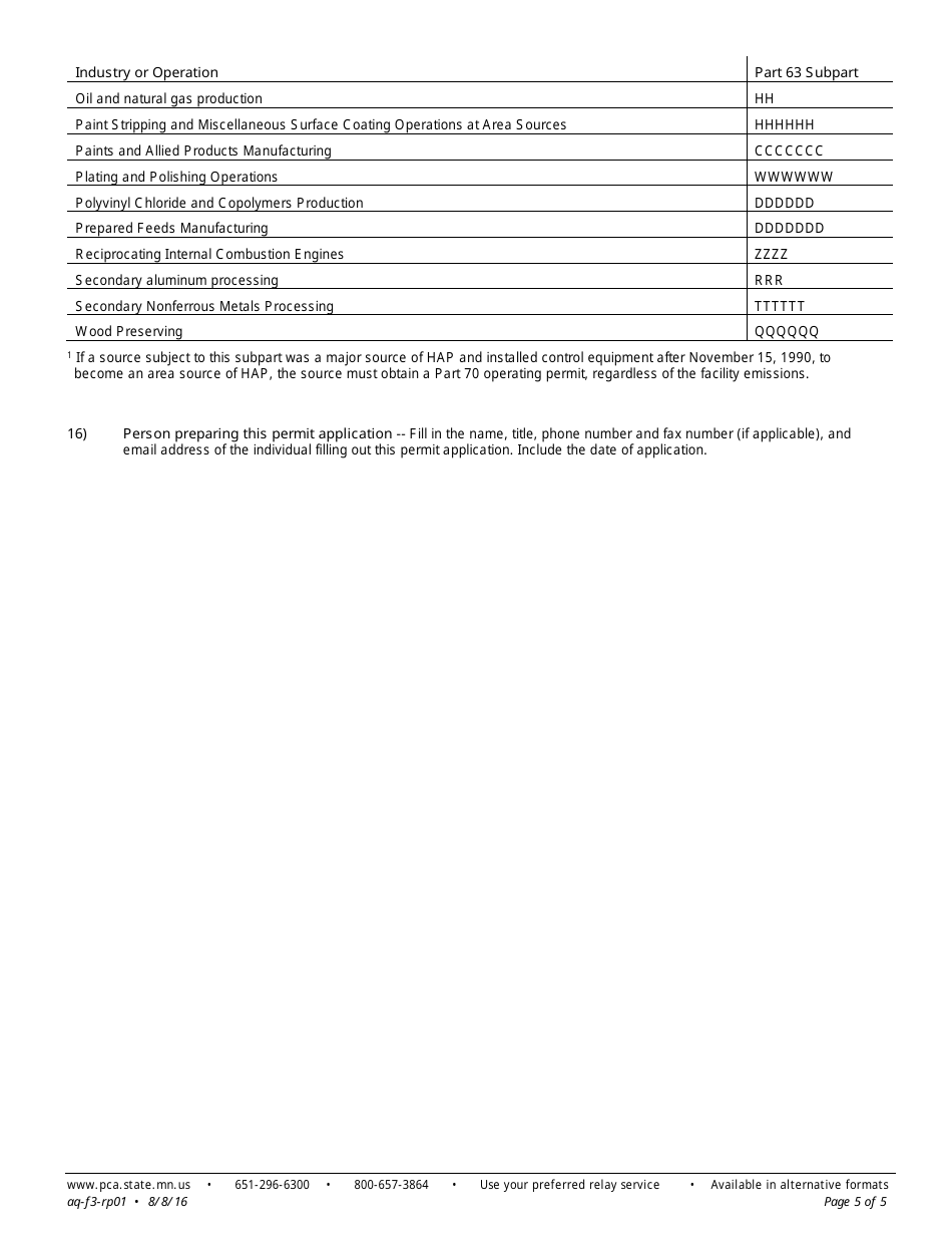 Form RP-01 Registration Permit Facility Information - Air Quality Permit Program - Minnesota, Page 5