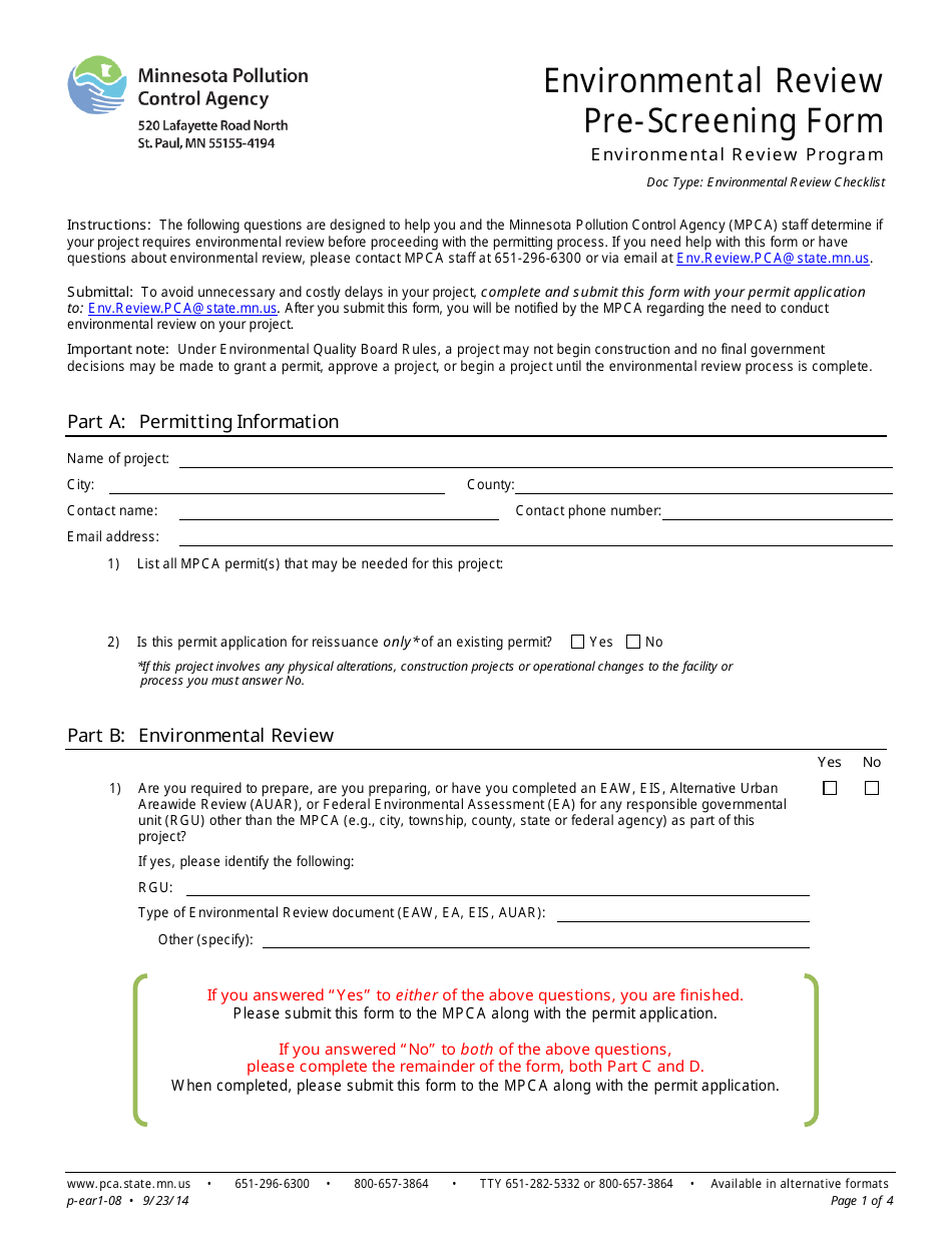 Minnesota Environmental Review Pre-screening Form - Fill Out, Sign ...