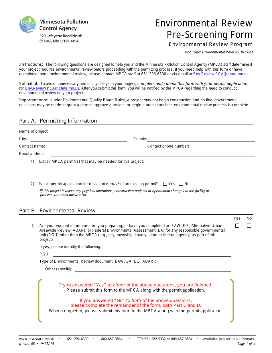 Environmental Review Pre-screening Form - Minnesota, Page 1