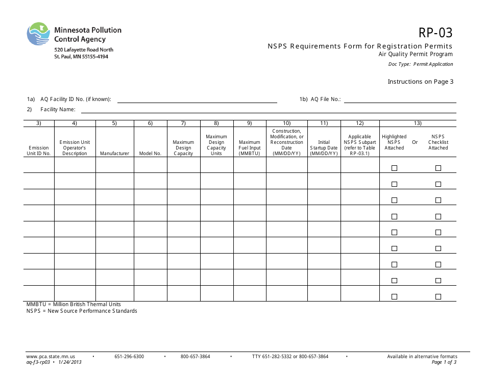 Form RP-03 Nsps Requirements Form for Registration Permits - Air Quality Permit Program - Minnesota, Page 1