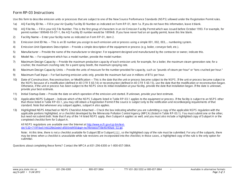 Form RP-03 Nsps Requirements Form for Registration Permits - Air Quality Permit Program - Minnesota, Page 3