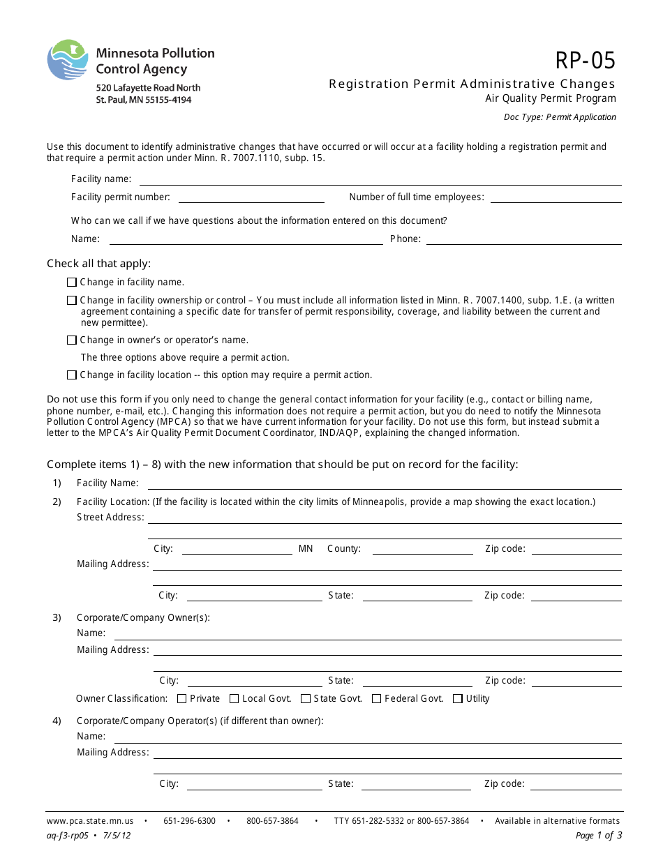 Form RP-05 Registration Permit Administrative Changes - Air Quality Permit Program - Minnesota, Page 1