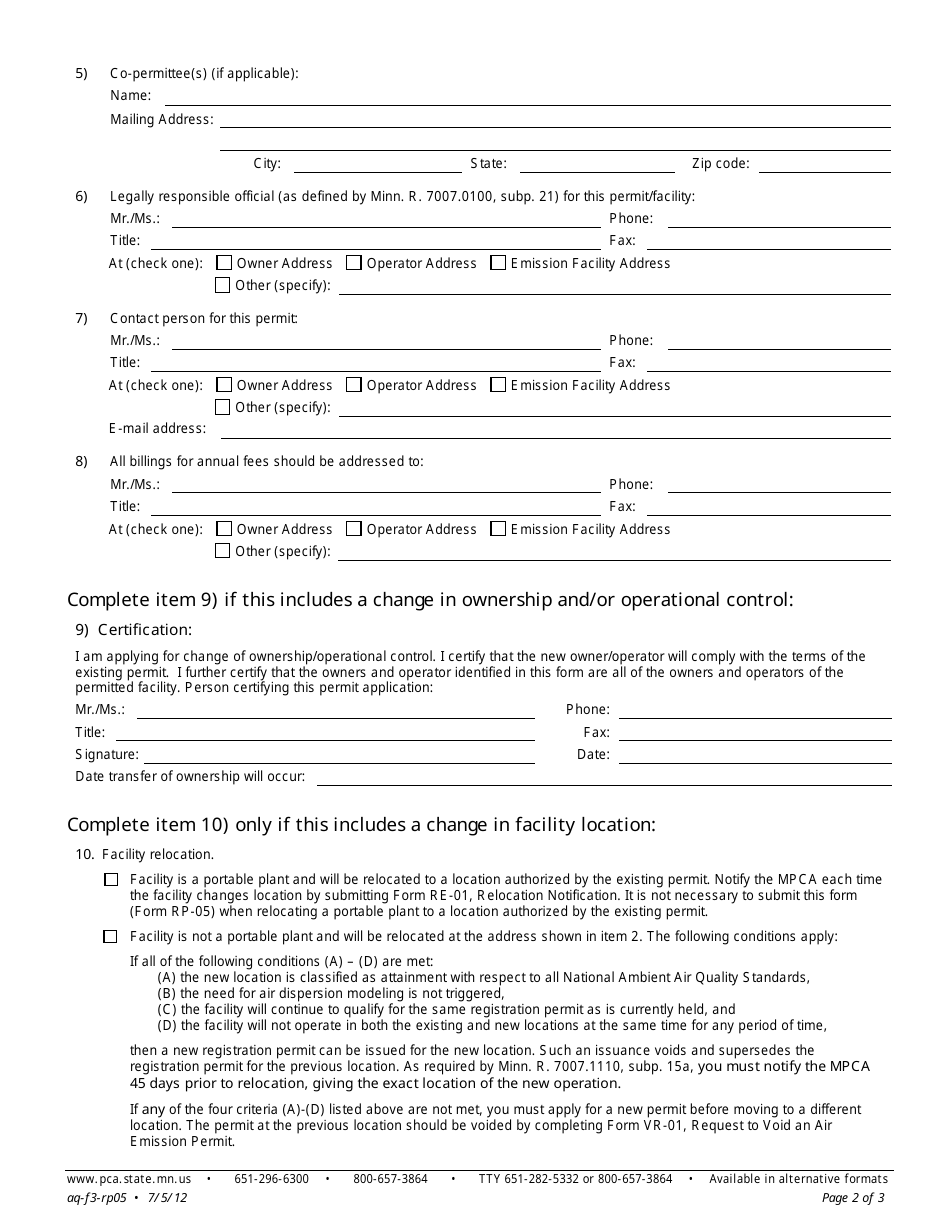 Form RP-05 Registration Permit Administrative Changes - Air Quality Permit Program - Minnesota, Page 2