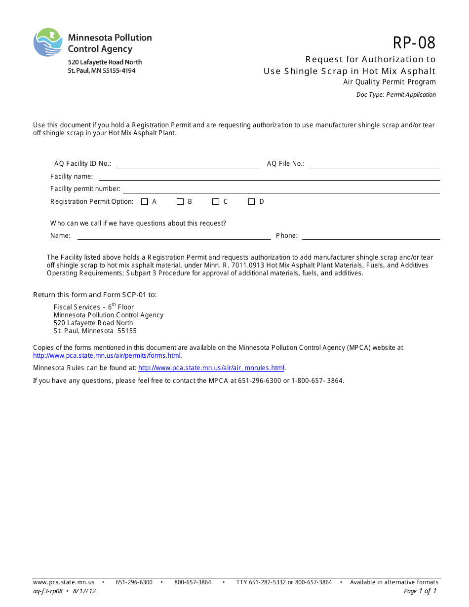 Form RP-08 Request for Authorization to Use Shingle Scrap in Hot Mix Asphalt - Air Quality Permit Program - Minnesota, Page 1