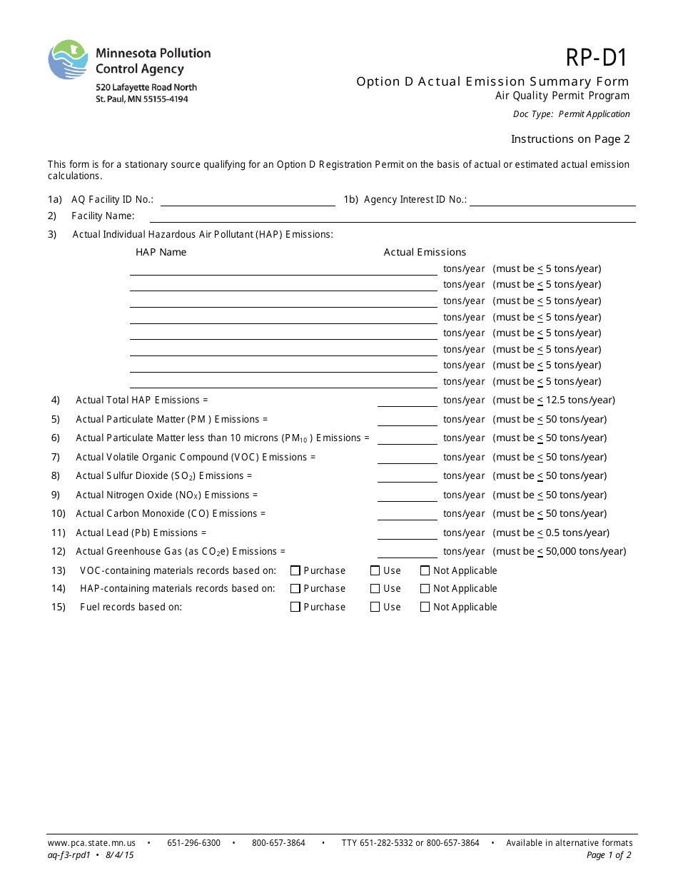Form RP-D1 Option D Actual Emission Summary Form - Air Quality Permit Program - Minnesota, Page 1