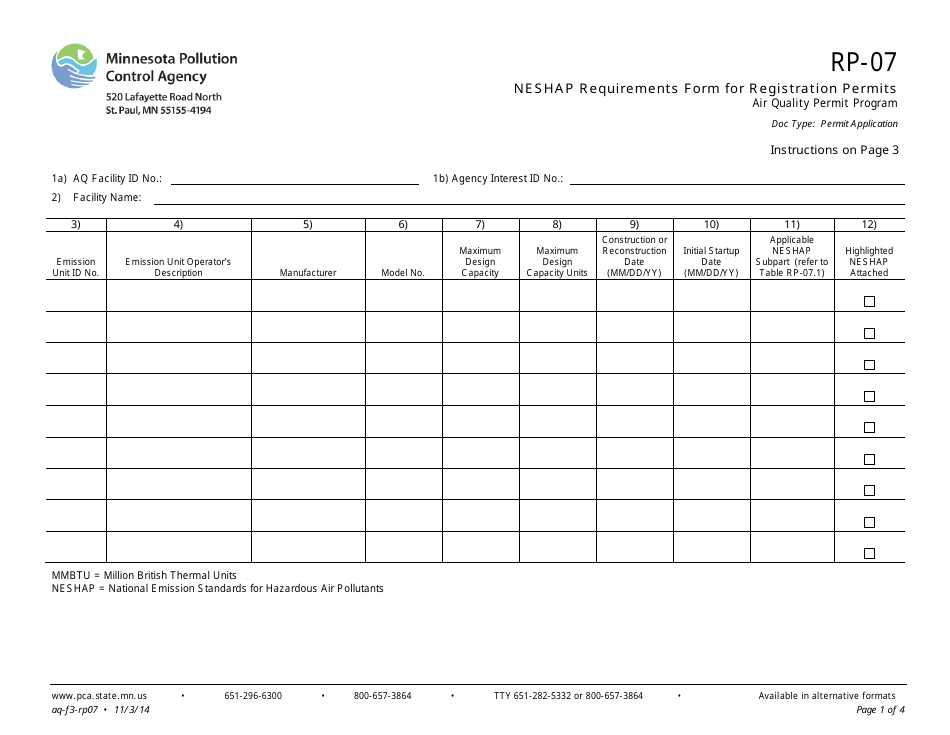 Form RP-07 Neshap Requirements Form for Registration Permits - Air Quality Permit Program - Minnesota, Page 1