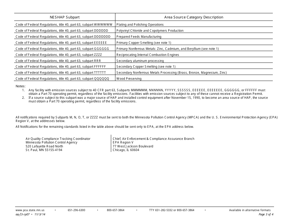 Form RP-07 Neshap Requirements Form for Registration Permits - Air Quality Permit Program - Minnesota, Page 3