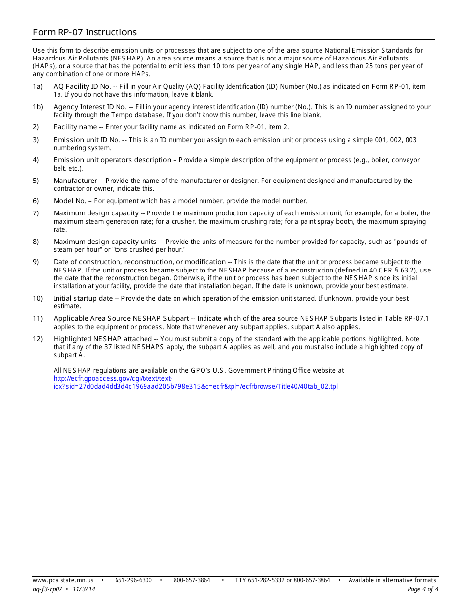 Form RP-07 Neshap Requirements Form for Registration Permits - Air Quality Permit Program - Minnesota, Page 4