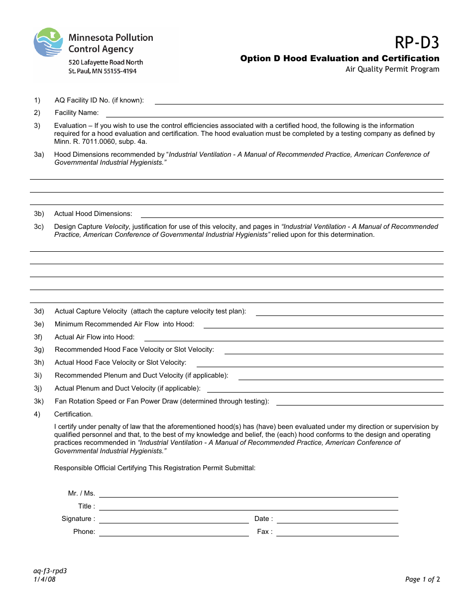 Form RP-D3 Option D Hood Evaluation and Certification - Air Quality Permit Program - Minnesota, Page 1