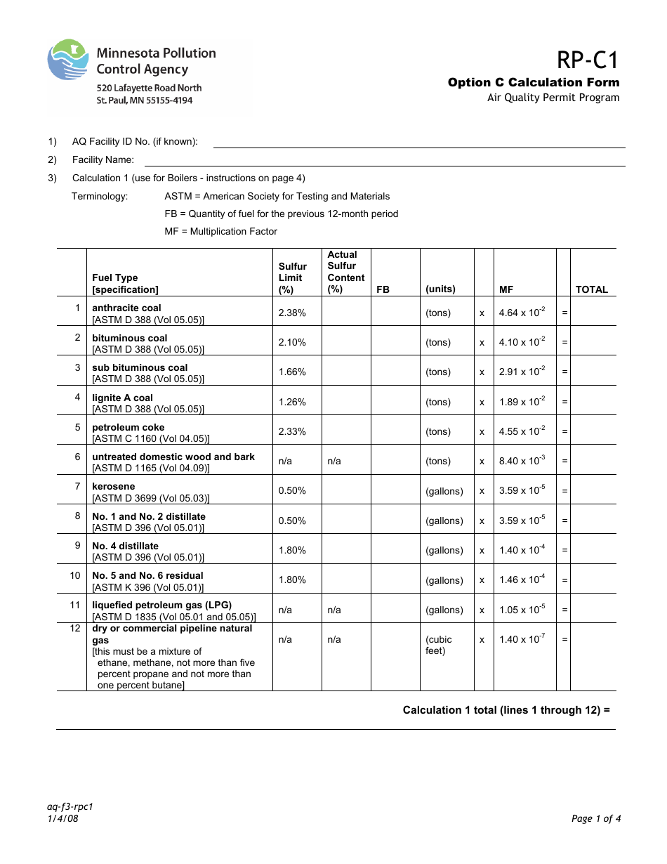 Form RP-C1 Option C Calculation Form - Air Quality Permit Program - Minnesota, Page 1