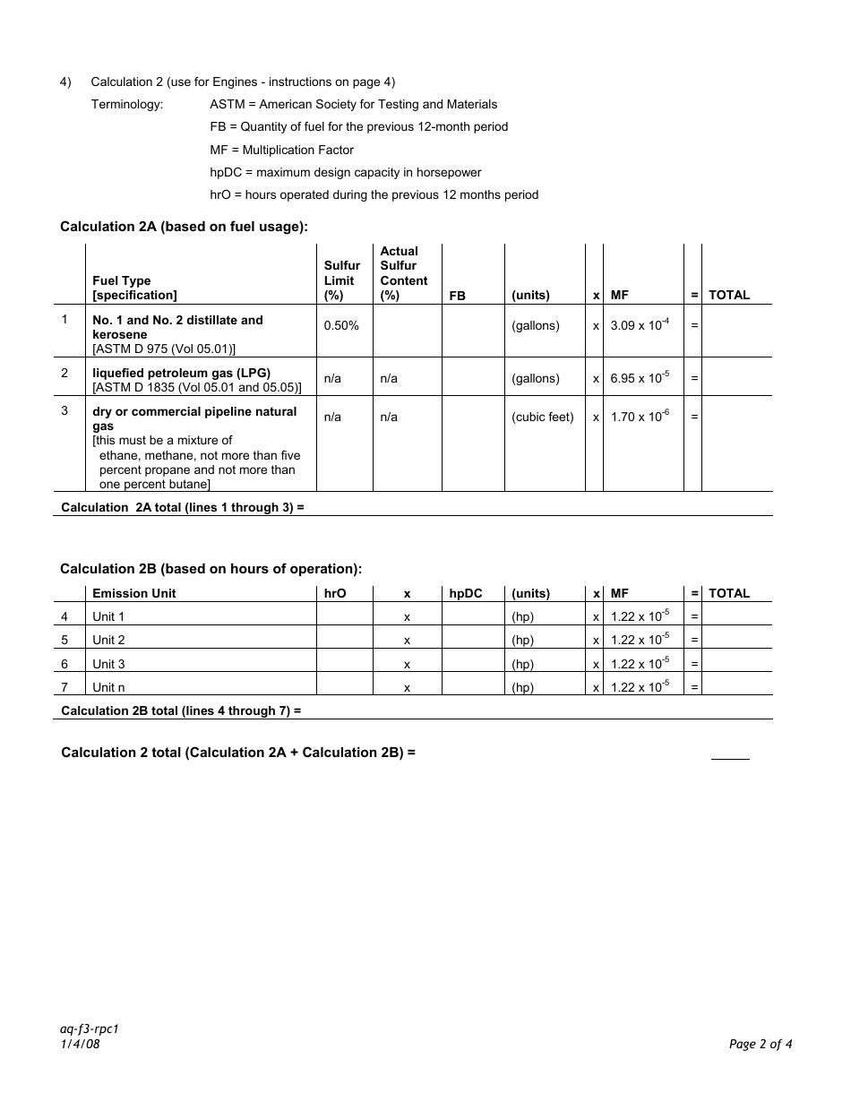 Form RP-C1 Option C Calculation Form - Air Quality Permit Program - Minnesota, Page 2