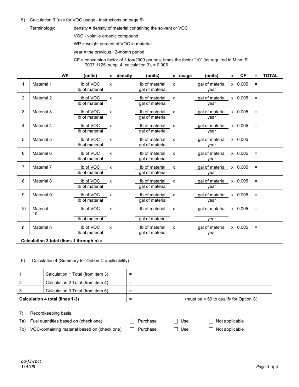 Form RP-C1 Option C Calculation Form - Air Quality Permit Program - Minnesota, Page 3