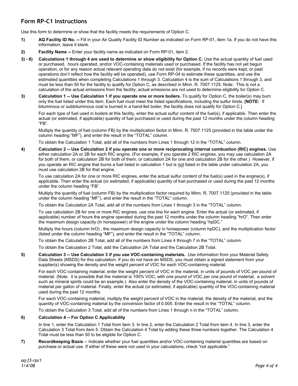 Form RP-C1 Option C Calculation Form - Air Quality Permit Program - Minnesota, Page 4