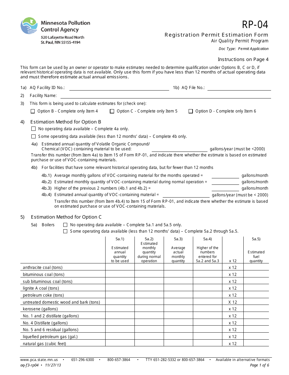 Form RP-04 Registration Permit Estimation Form - Air Quality Permit Program - Minnesota, Page 1