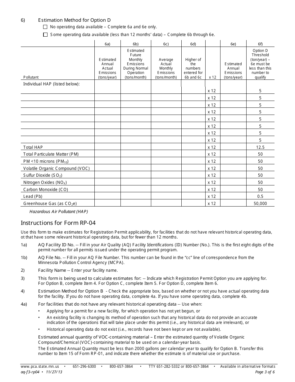Form RP-04 Registration Permit Estimation Form - Air Quality Permit Program - Minnesota, Page 3