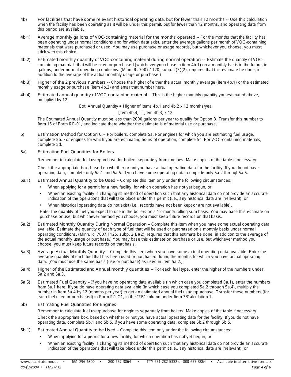 Form RP-04 Registration Permit Estimation Form - Air Quality Permit Program - Minnesota, Page 4