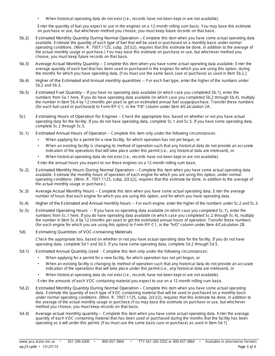 Form RP-04 Registration Permit Estimation Form - Air Quality Permit Program - Minnesota, Page 5