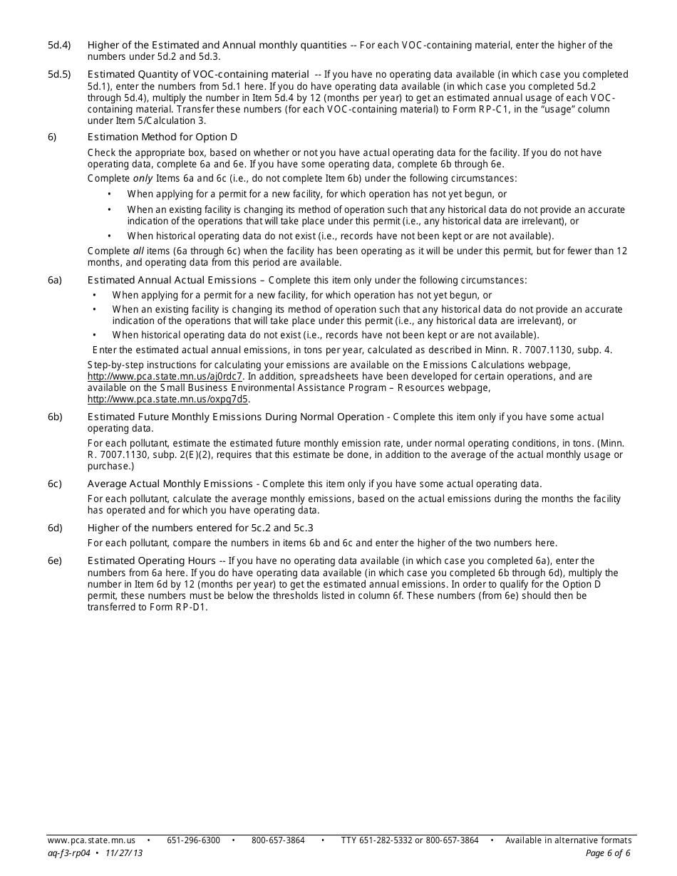 Form RP-04 Registration Permit Estimation Form - Air Quality Permit Program - Minnesota, Page 6