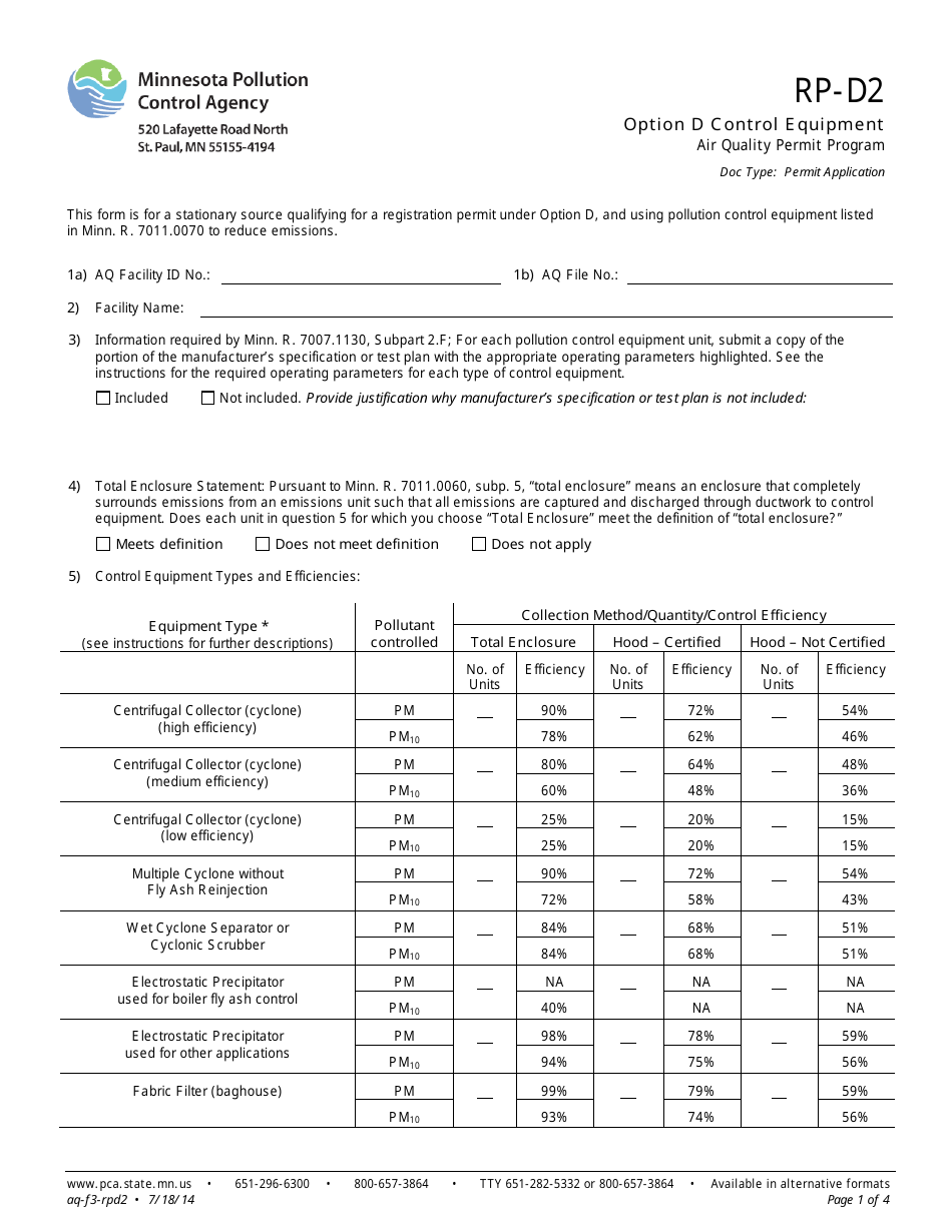 Form RP-D2 Option D Control Equipment - Air Quality Permit Program - Minnesota, Page 1