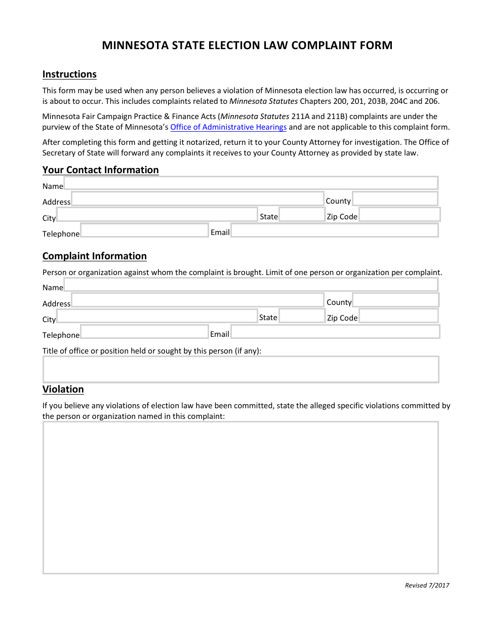 Minnesota State Election Law Complaint Form - Minnesota, Page 1