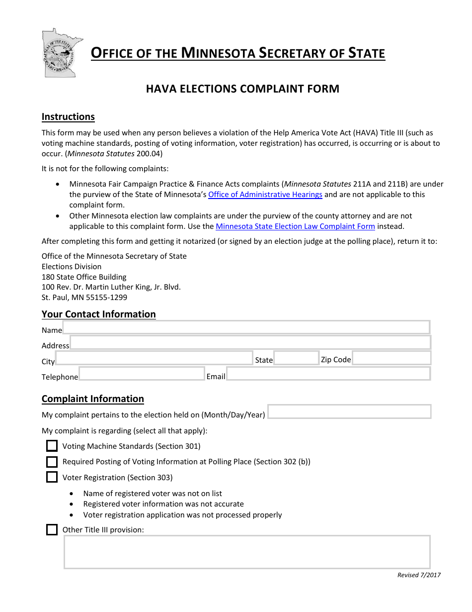 Hava Elections Complaint Form - Minnesota, Page 1