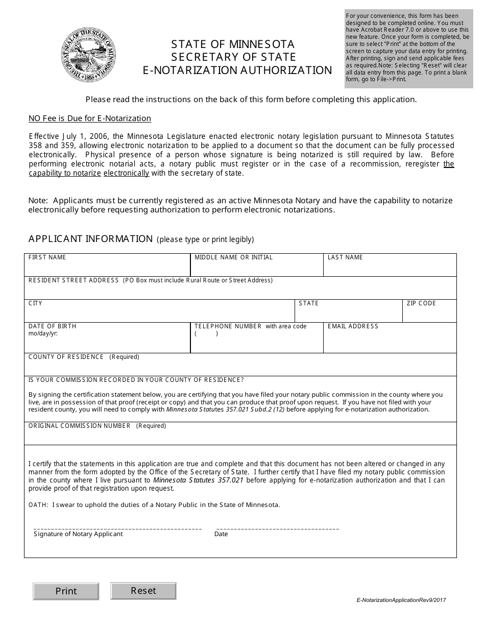 E-Notarization Authorization Form - Minnesota, Page 1