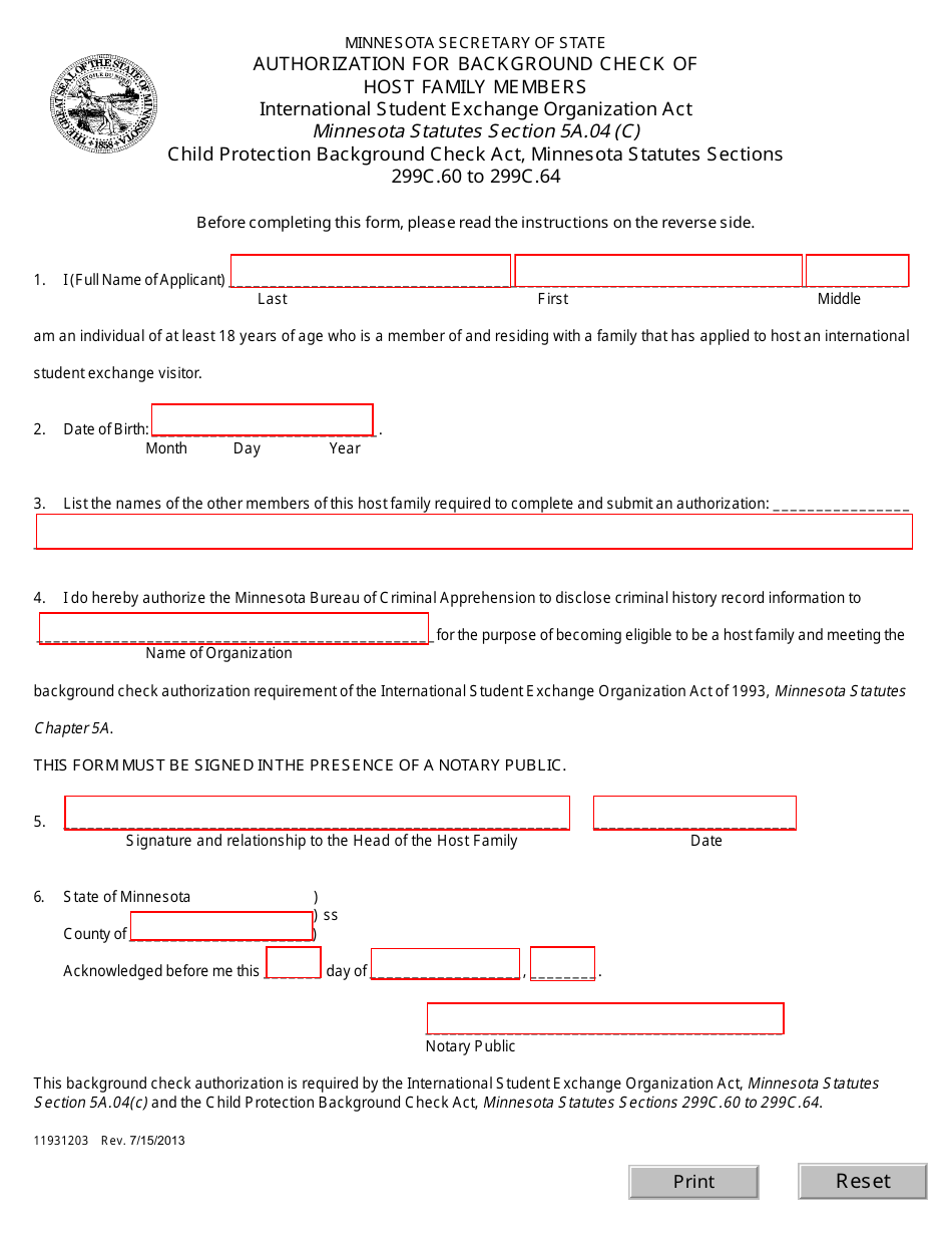 Authorization for Background Check of Host Family Members - Minnesota, Page 1