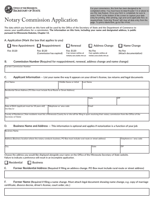 Notary Commission Application Form - Minnesota Download Pdf
