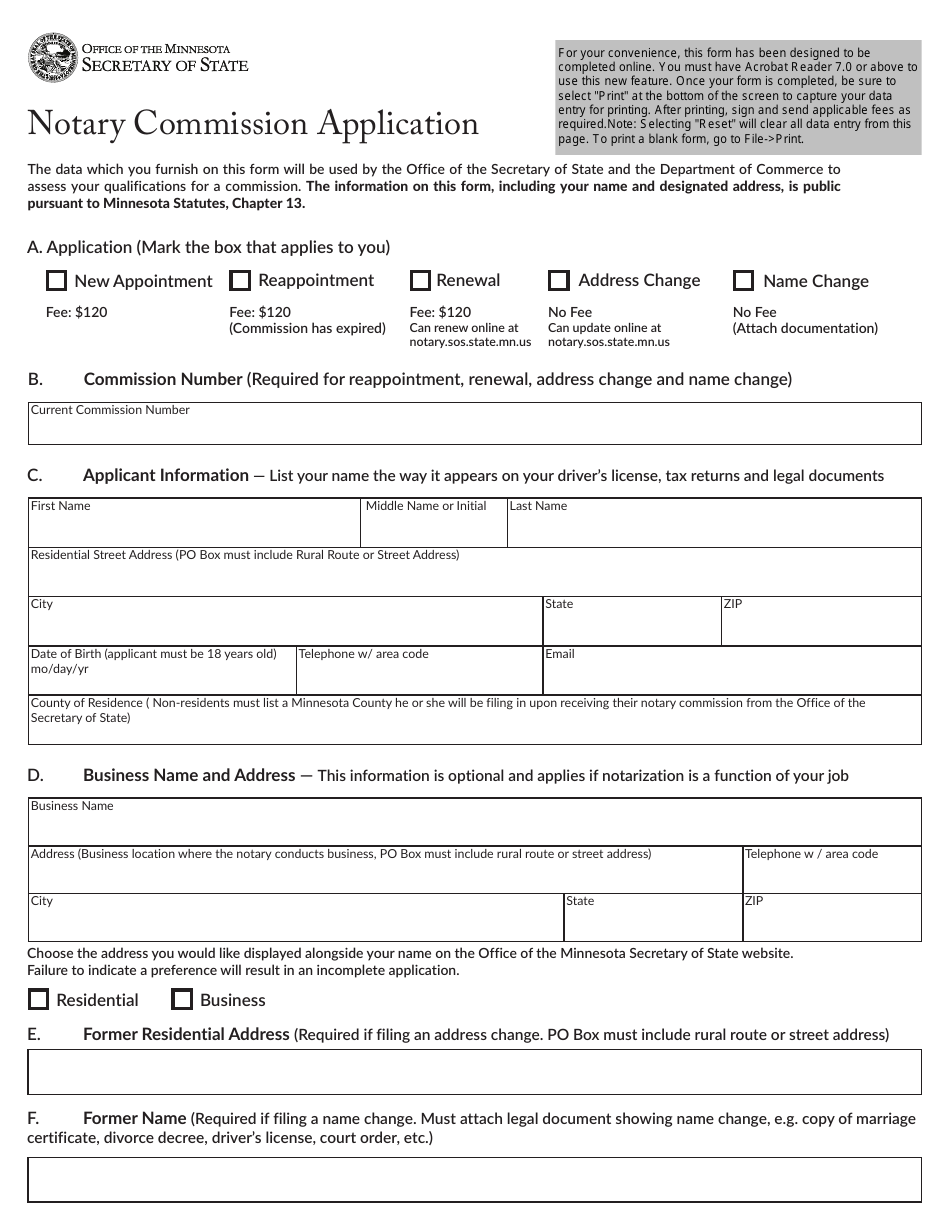 Notary Commission Application Form - Minnesota, Page 1