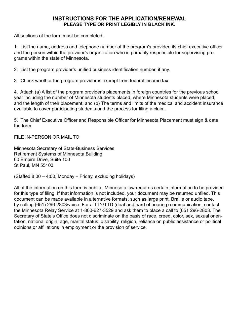 Application for Registration / Renewal of a Minnesota Study Abroad Organization for the Placement of Minnesota Students in Study Abroad Programs - Minnesota, Page 2