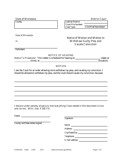Form CRM1002 Notice of Motion and Motion to Withdraw Guilty Plea and Vacate Conviction - Minnesota