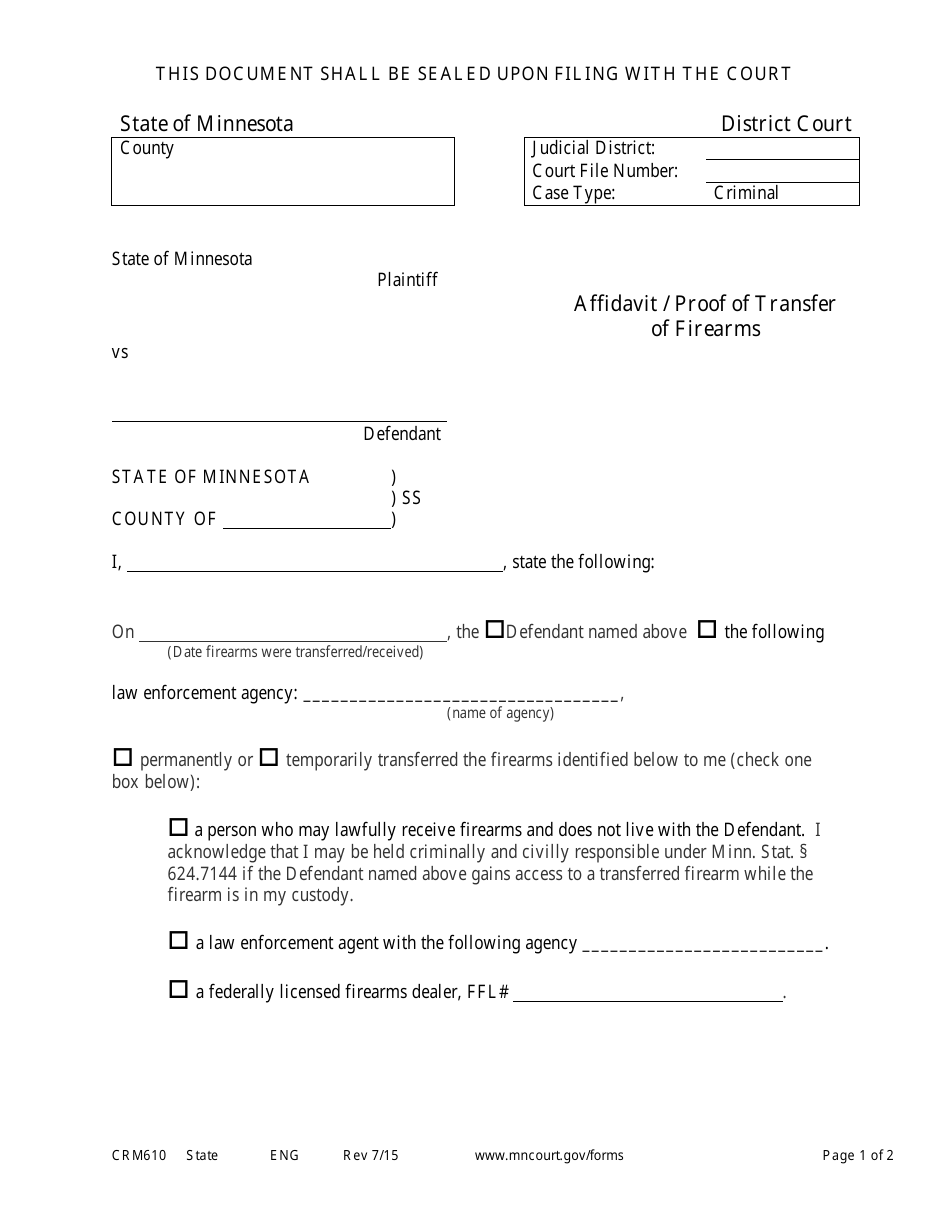 Form CRM610 Affidavit / Proof of Transfer of Firearms - Minnesota, Page 1
