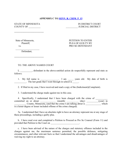 Appendix C Petition to Enter Plea of Guilty by Pro Se Defendant - Minnesota