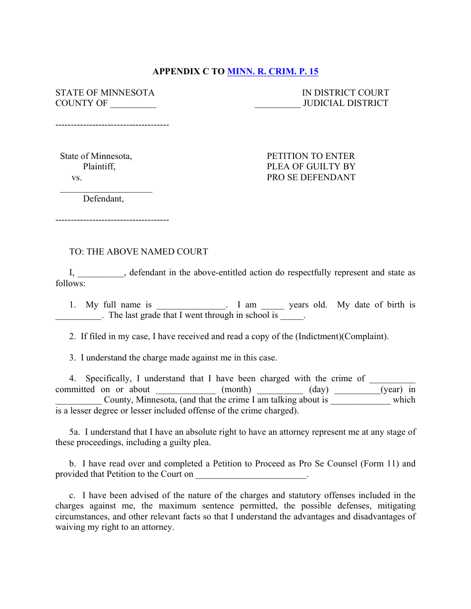 Appendix C Petition to Enter Plea of Guilty by Pro Se Defendant - Minnesota, Page 1