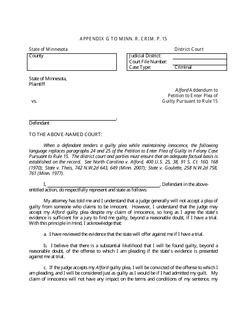 Appendix G Alford Addendum to Petition to Enter Plea of Guilty Pursuant to Rule 15 - Minnesota