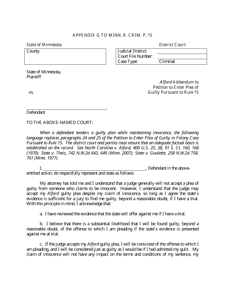 Appendix G Alford Addendum to Petition to Enter Plea of Guilty Pursuant to Rule 15 - Minnesota, Page 1
