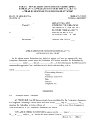 Document preview: Form 7 Application and Summons for Obtaining Defendant's Appearance in Court for Failure to Appear in Response to Summons or Citation - Minnesota
