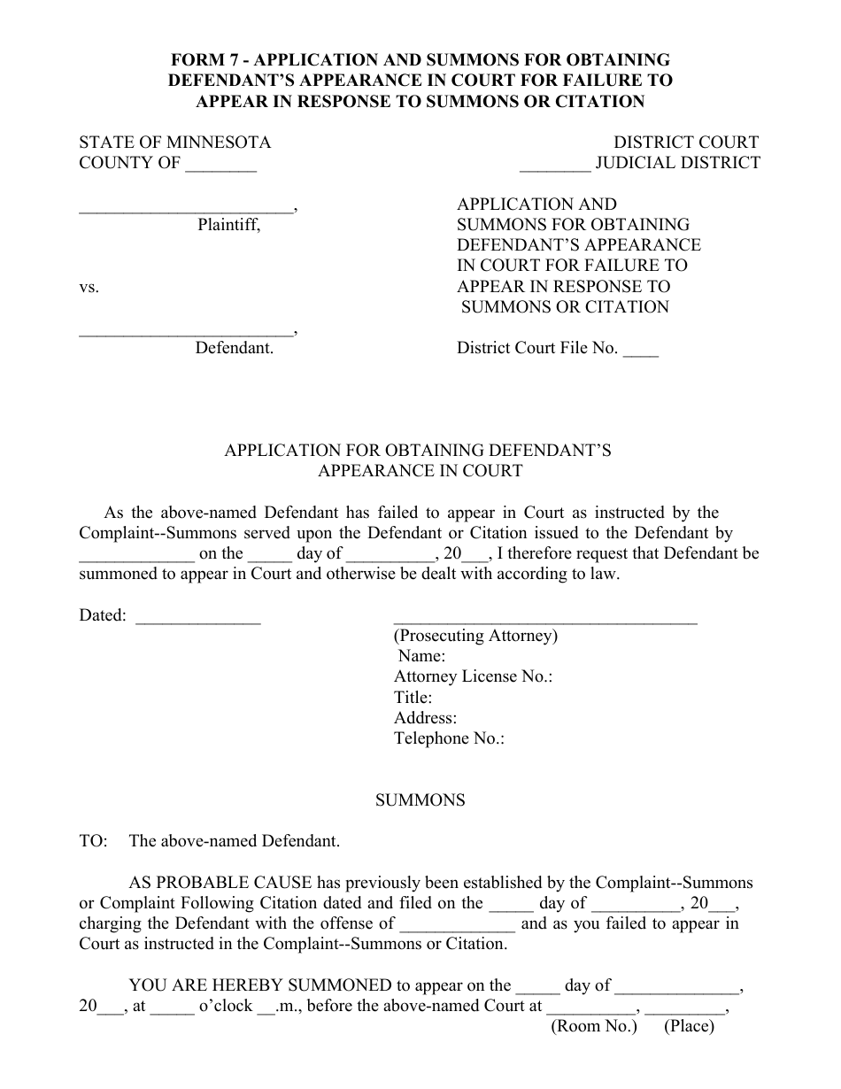 Form 7 Application and Summons for Obtaining Defendants Appearance in Court for Failure to Appear in Response to Summons or Citation - Minnesota, Page 1