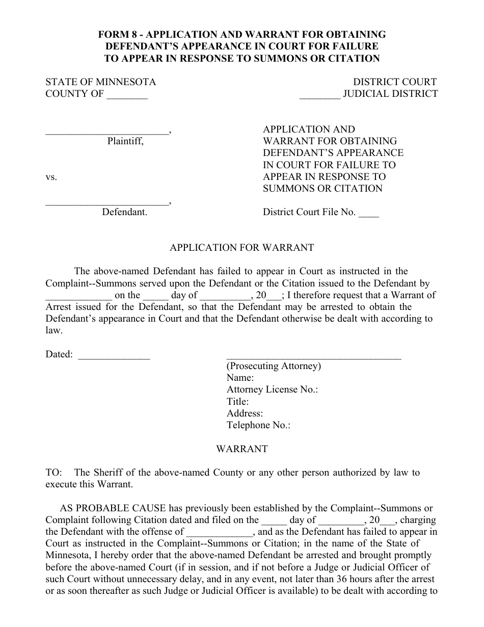 Form 8 Application and Warrant for Obtaining Defendants Appearance in Court for Failure to Appear in Response to Summons or Citation - Minnesota, Page 1