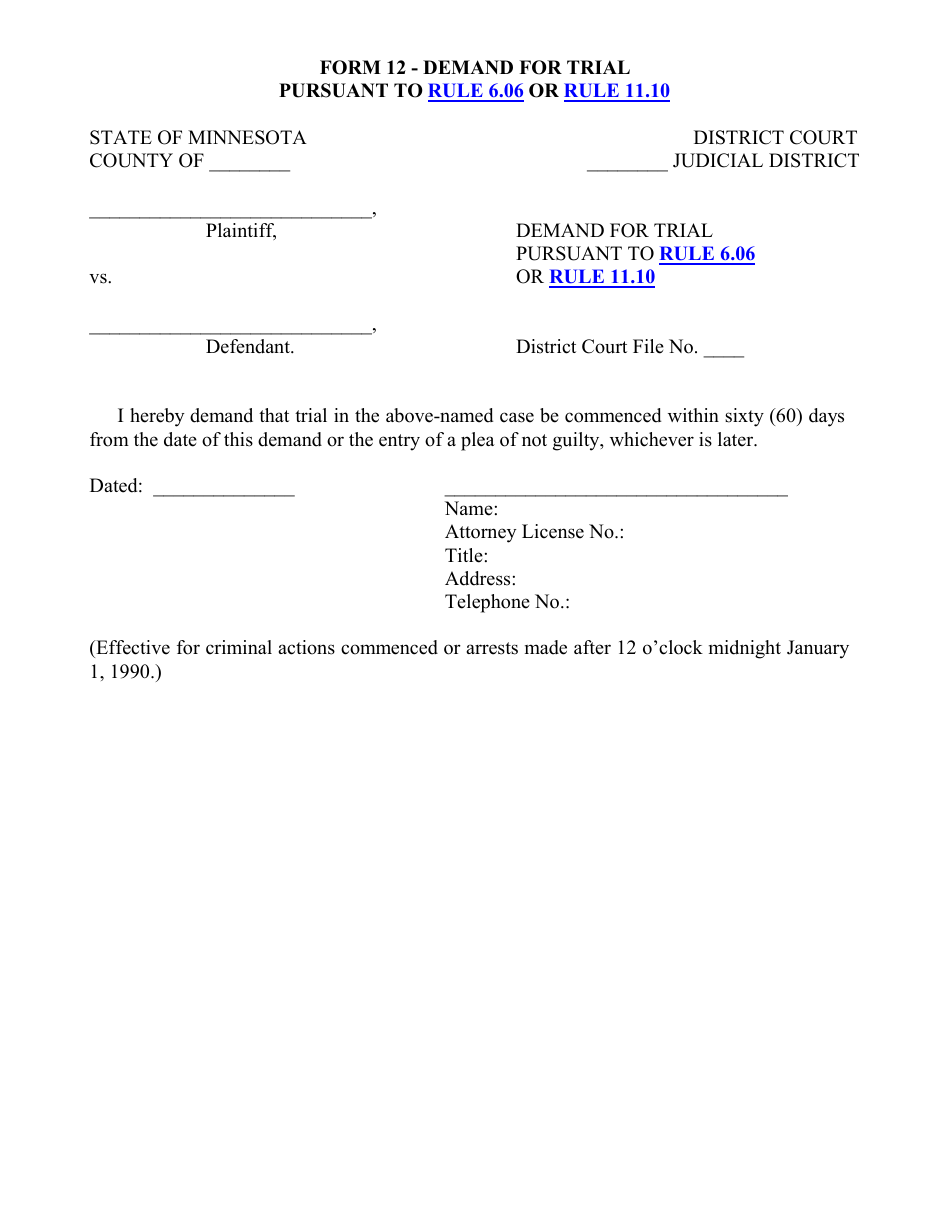 Form 12 Demand for Trial Pursuant to Rule 6.06 or Rule 11.10 - Minnesota, Page 1